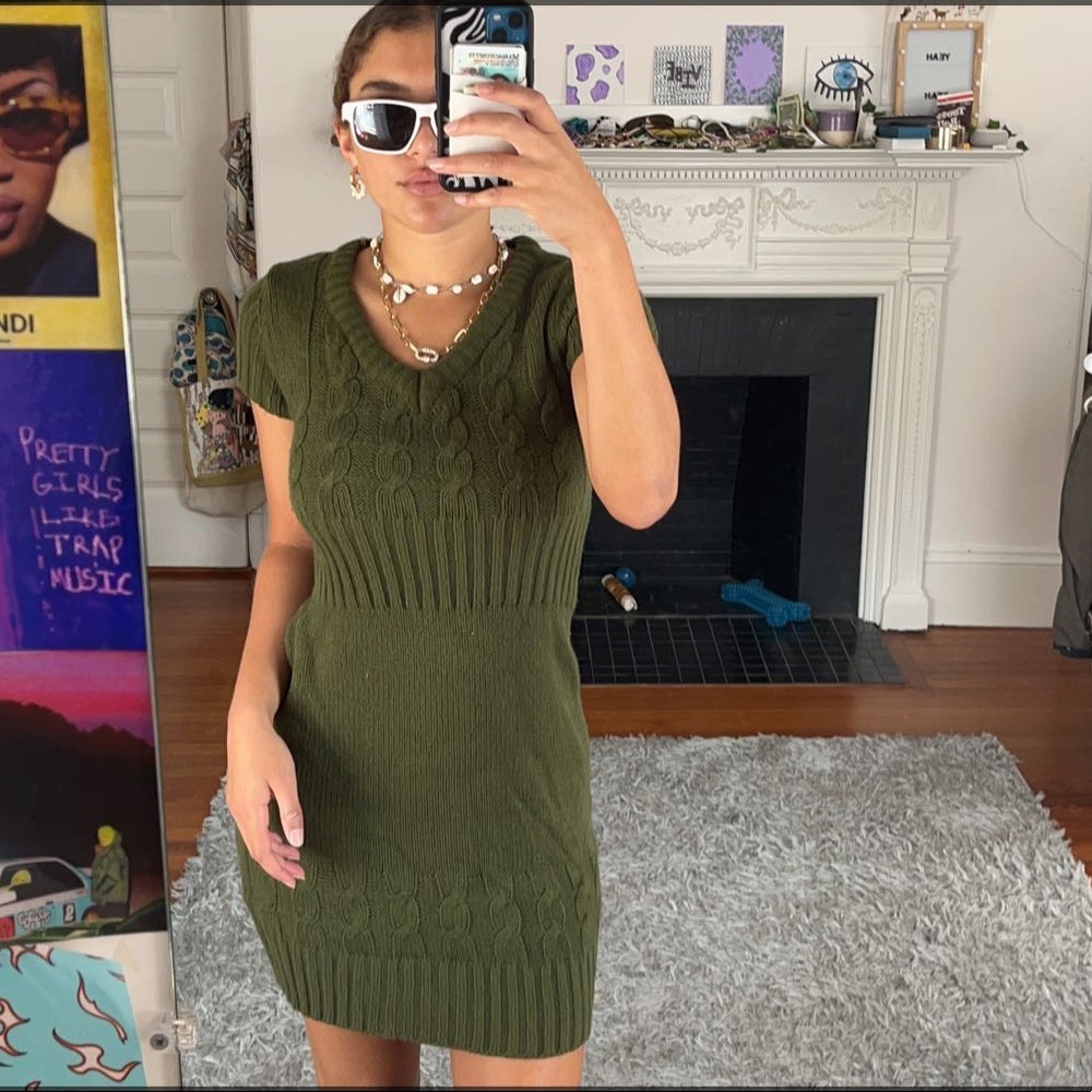 Olive green knit midi dress